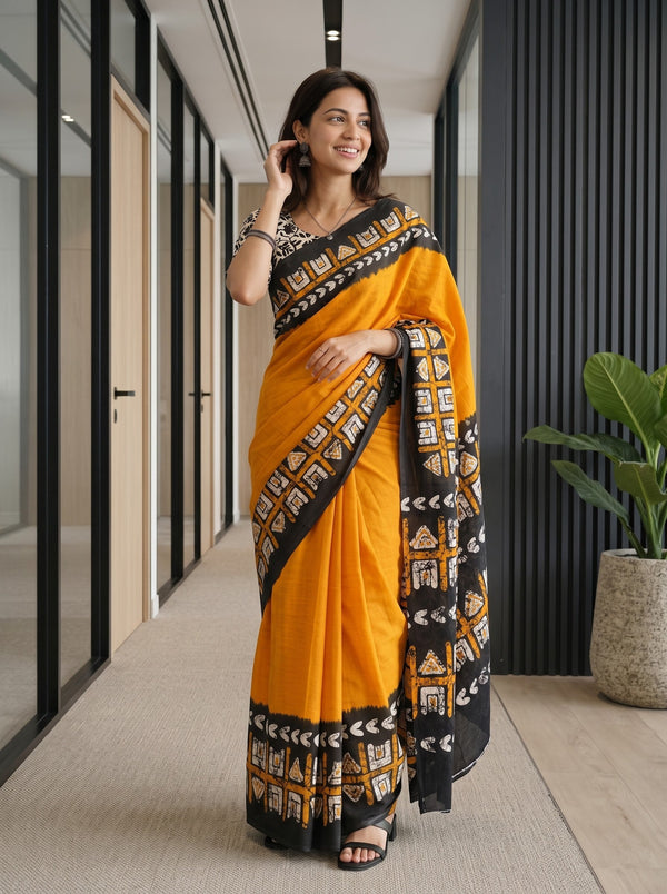 Cotton Black yellow Tribal Batik Print Saree