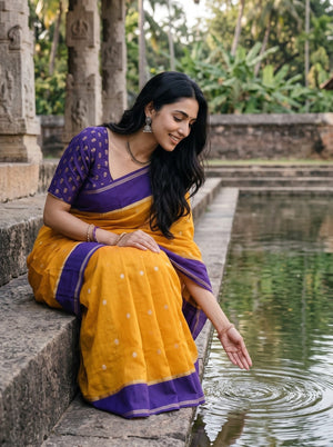Banarasi Silk Mustard Violet Contrast Border Saree