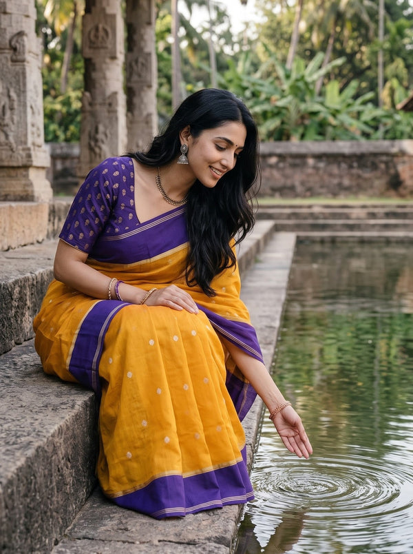 Banarasi Silk Mustard Violet Contrast Border Saree