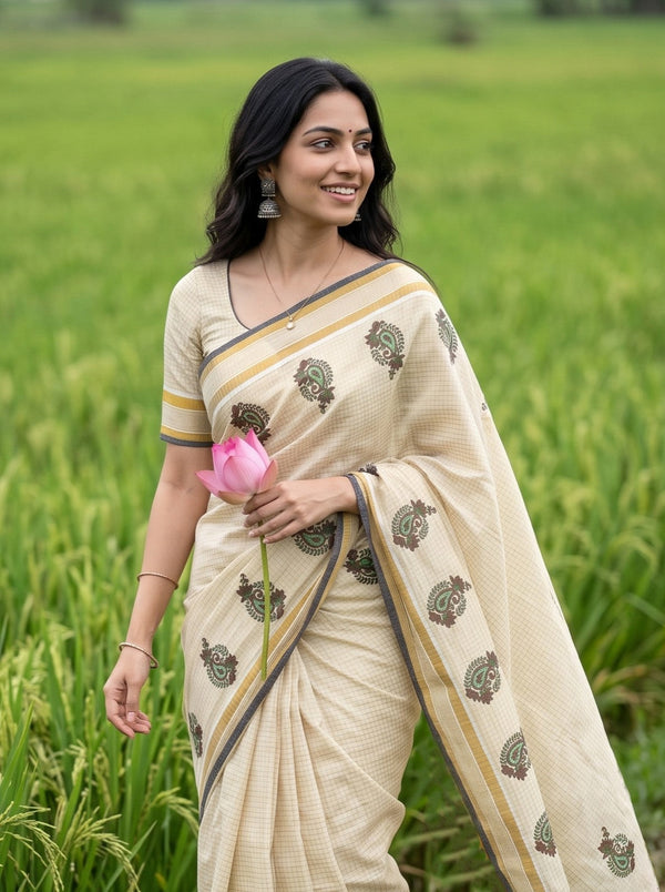 Tissue Cream Kerala Saree with Paisley Motif Print Pallu and Golden Zari Checks