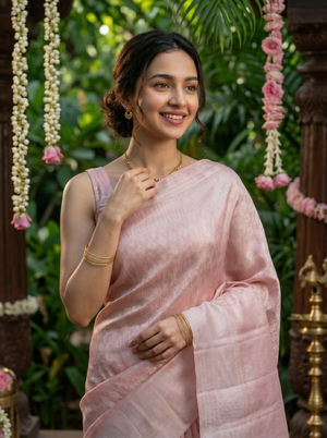 Kanjivaram Blush Pink Saree with Self-Tone Floral Booti Weave & Satin Border