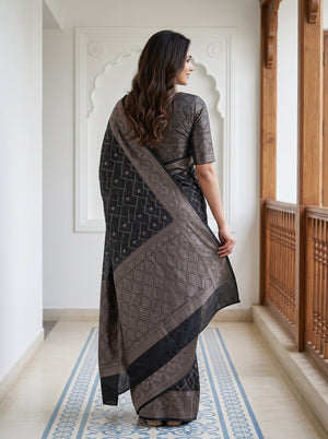 Semi Silk Black Saree with Zari Jaal Pattern and Floral Border