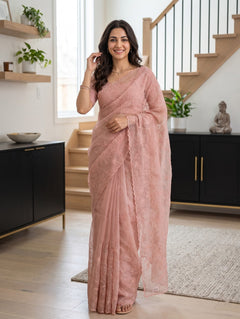 Net Kota Peach Saree with Intricate Floral Embroidery and Scalloped Border