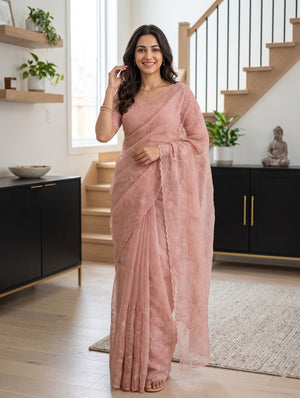 Net Kota Peach Saree with Intricate Floral Embroidery and Scalloped Border