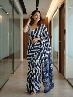 Cotton Navy Blue Paisley Medallion Block Print Saree