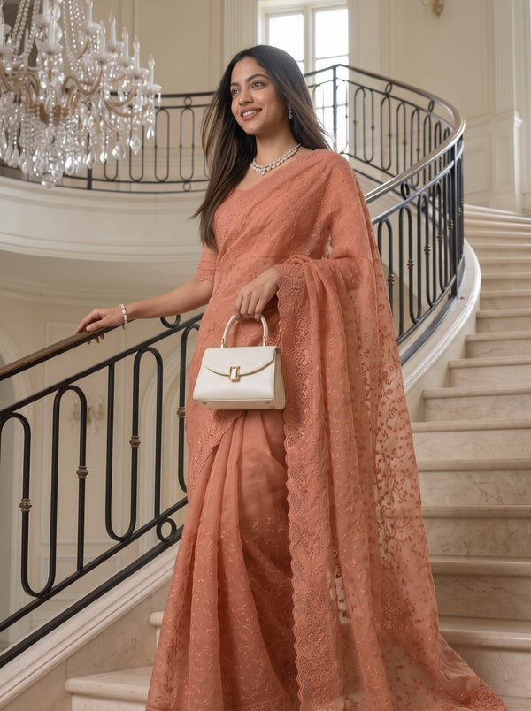 Organza Peach Saree with Floral Vine Embroidery and Scalloped Border