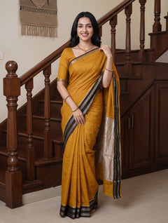 Cotton Silk Mustard Yellow Golden Zari Pallu Saree