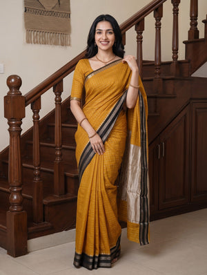 Cotton Silk Mustard Yellow Golden Zari Pallu Saree