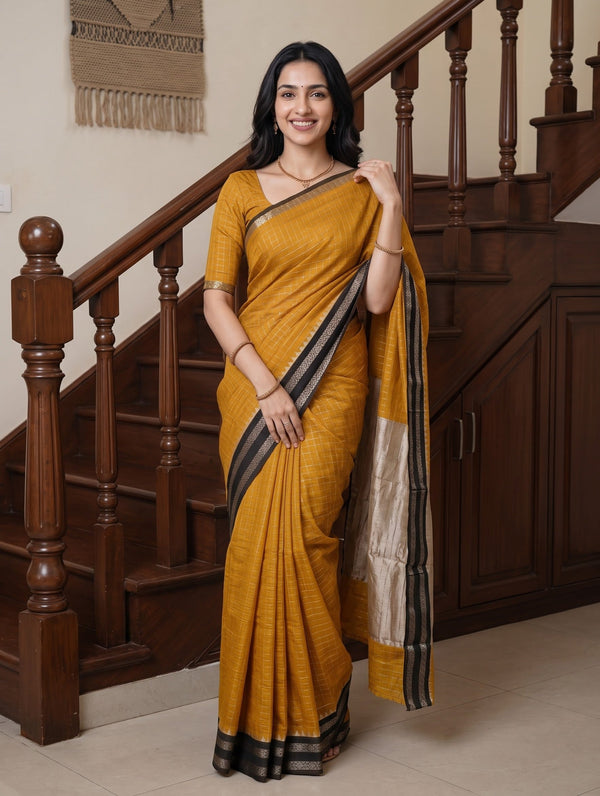 Cotton Silk Mustard Yellow Golden Zari Pallu Saree
