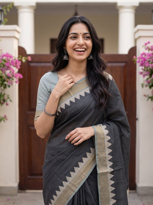 Semi Jute Silk Black Striped Saree with Cream Zigzag Temple Border and Tassels
