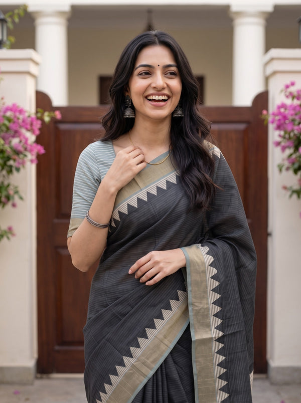 Semi Jute Silk Black Striped Saree with Cream Zigzag Temple Border and Tassels
