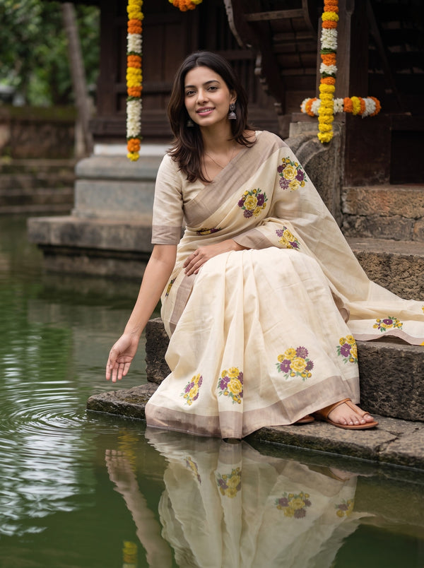 Tissue Cream Yellow Purple Floral Print with Silver Border Onam Special Kerala Saree
