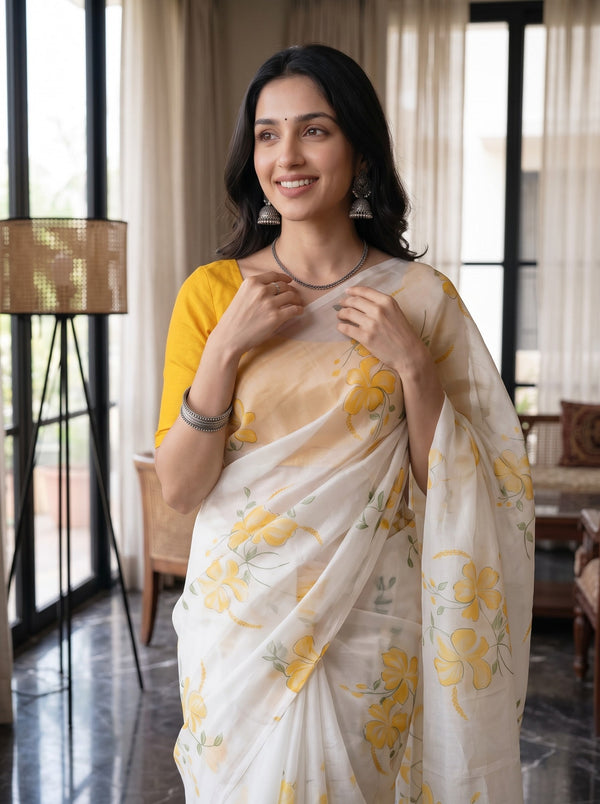 Organza White Yellow Hibiscus Floral Print Saree with Tassels