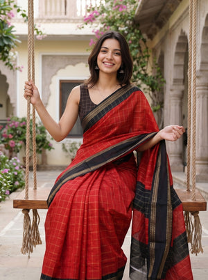 Synthetic Red Checked Saree with Black Golden Border
