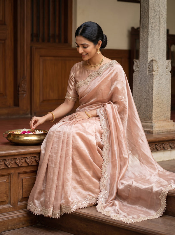 Tissue Peach Saree with Scalloped Sequin Lace Border