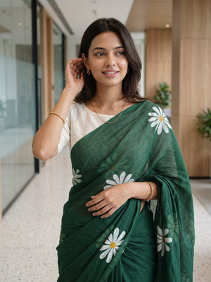Cotton Bottle Green Saree with White Daisy Flower Print