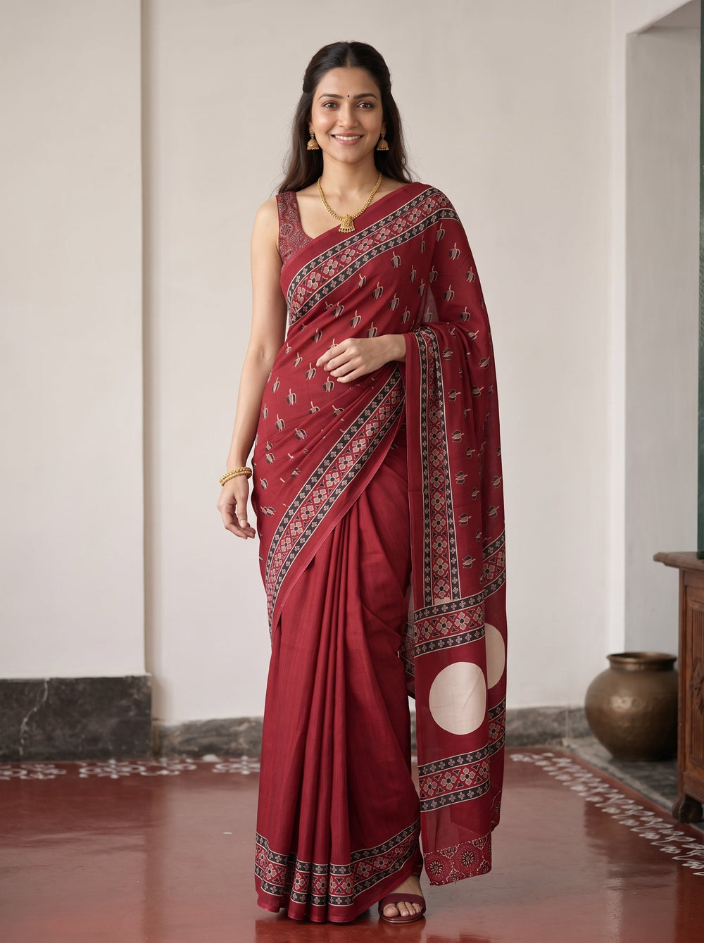 Synthetic Red Floral Booti Print Saree with Black White Ethnic Border