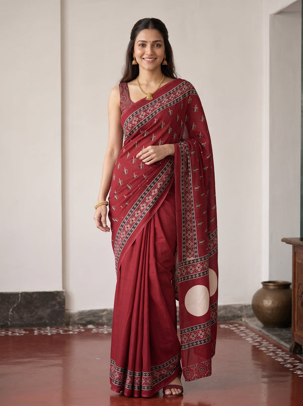 Synthetic Red Floral Booti Print Saree with Black White Ethnic Border