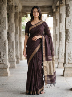 Cotton Dark Plum Copper Golden Dotted Butta Pallu Braided Tassel Saree