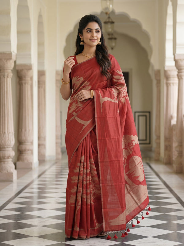Matka Silk Red Saree with Woven Sunset Mountain Tree Motif