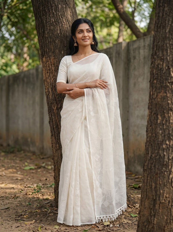 Kota Doria White Self-Tone Leaf Embroidery Lace Border Saree