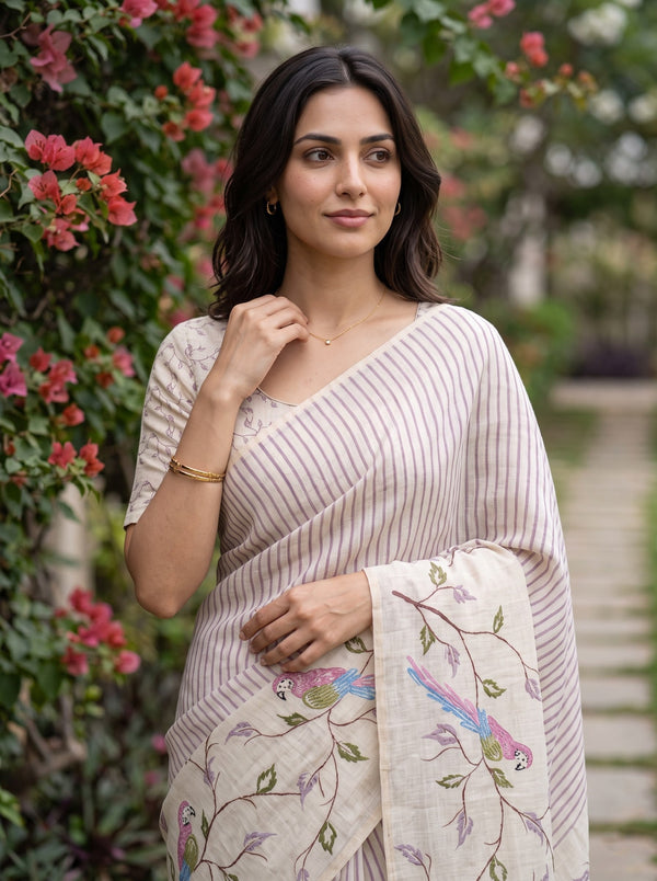 Linen Cream Parrot Bird Branch Print Saree