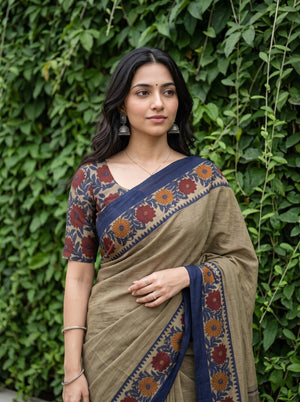 Cotton Beige Saree with Floral Print and Navy Blue Border