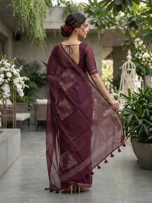 Organza Maroon Self-Tone Tree Motif Saree with Striped Pallu Border and Tassels
