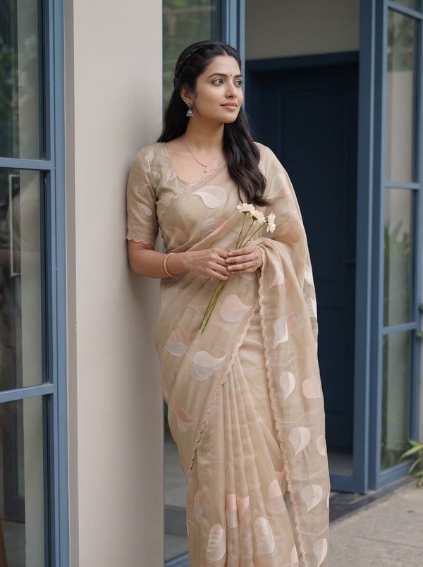 Organza Khaki Golden Peepal Leaf Zari Applique Embroidered Saree