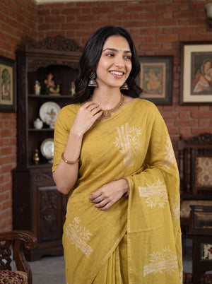 Organza Mustard Saree with Self-Tone Leaf Branch Print