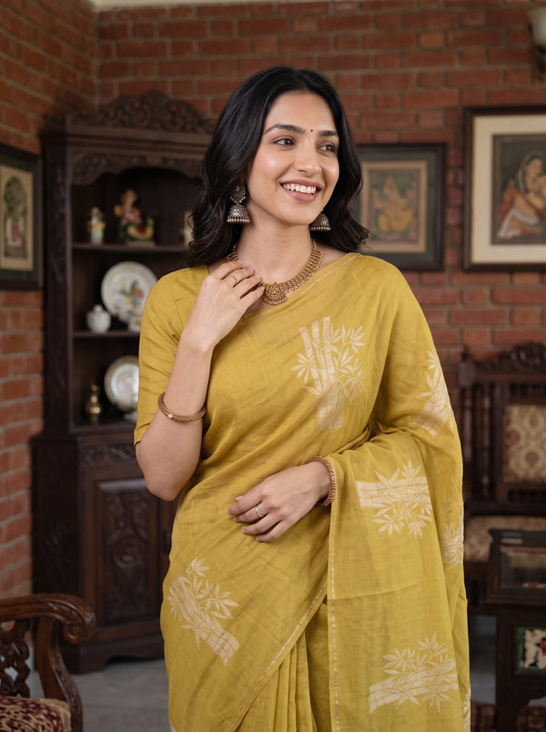 Organza Mustard Saree with Self-Tone Leaf Branch Print