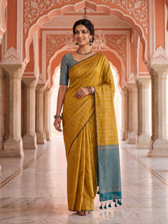 Semi Silk Mustard Golden Teal Contrast Border Zigzag Saree with Tassels