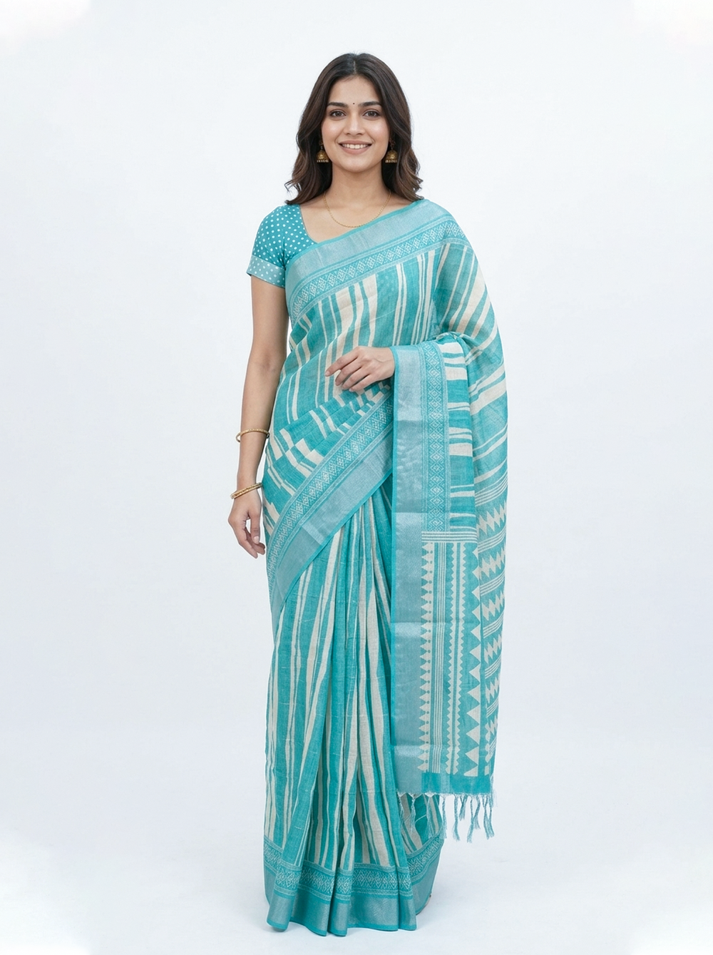 Soft Cotton Turquoise Blue Striped Print Saree with Tribal Border