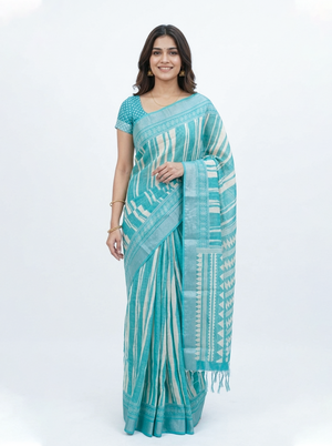 Soft Cotton Turquoise Blue Striped Print Saree with Tribal Border