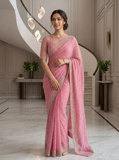 Chiffon Pink Diagonal Golden Stripe Saree