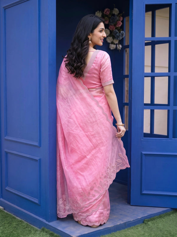 Organza Pink Scalloped Golden Beaded Border Saree