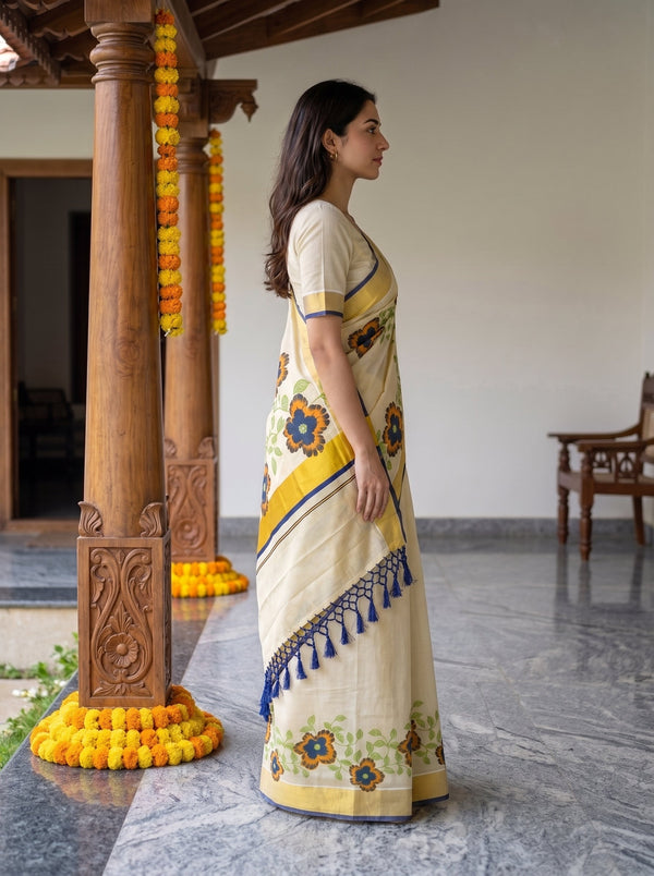 Tissue Cream Blue Floral Print  Onam Special Kerala  Saree with Golden Border