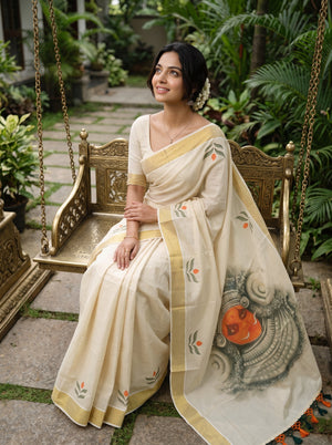 Tissue Cream Leaf Motif Wide Gold Border Kerala Kasavu Saree