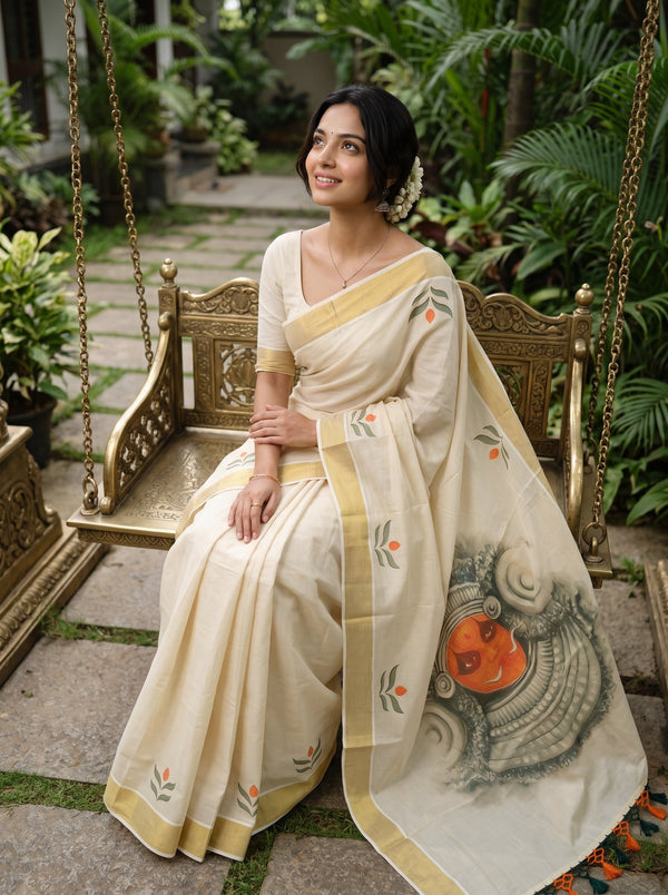 Tissue Cream Leaf Motif Wide Gold Border Kerala Kasavu Saree