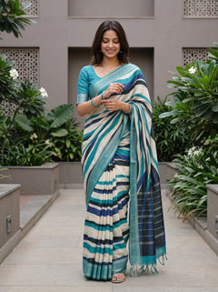 Pure Chanderi Teal Navy Abstract Wave Stripe Saree