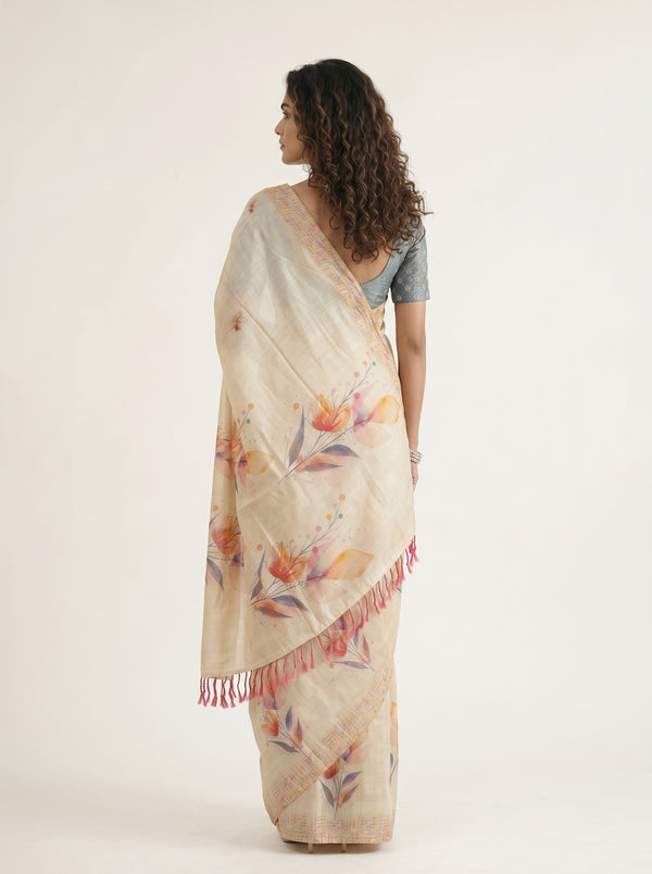 Tissue Silk Cream Watercolor Floral Print Set Saree with Woven Border