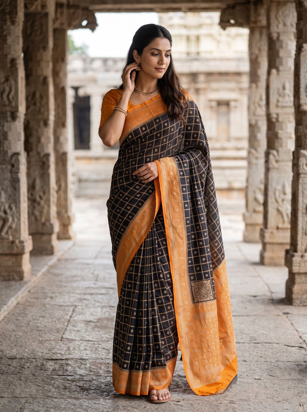Banarasi Silk Black Orange Contrast Pallu Checkered Saree