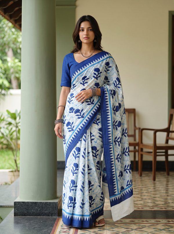 Cotton White Saree with Navy Blue Floral Motif Printed Pallu