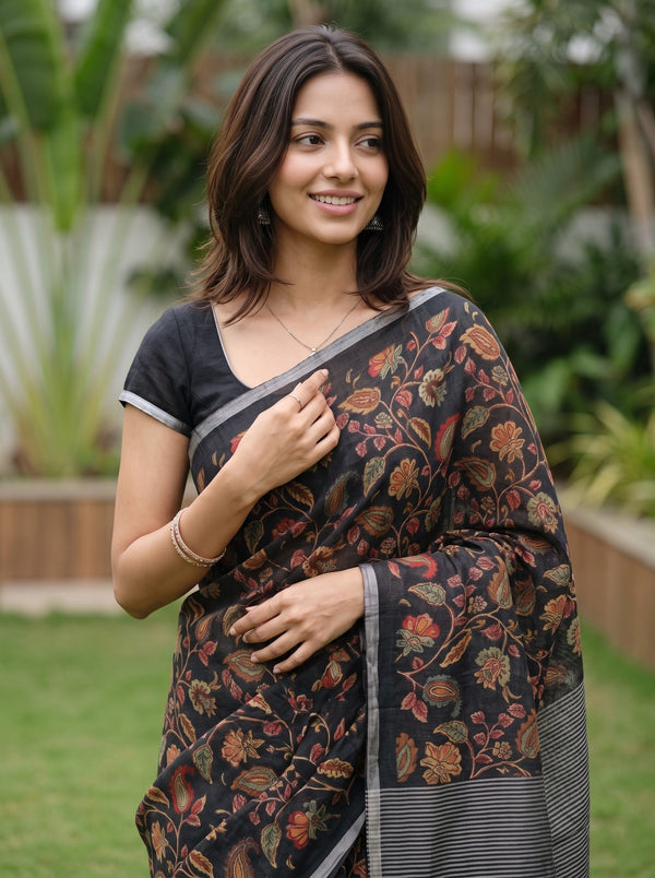 Linen Saree in Black with Kalamkari-Style Multicolor Floral Print
