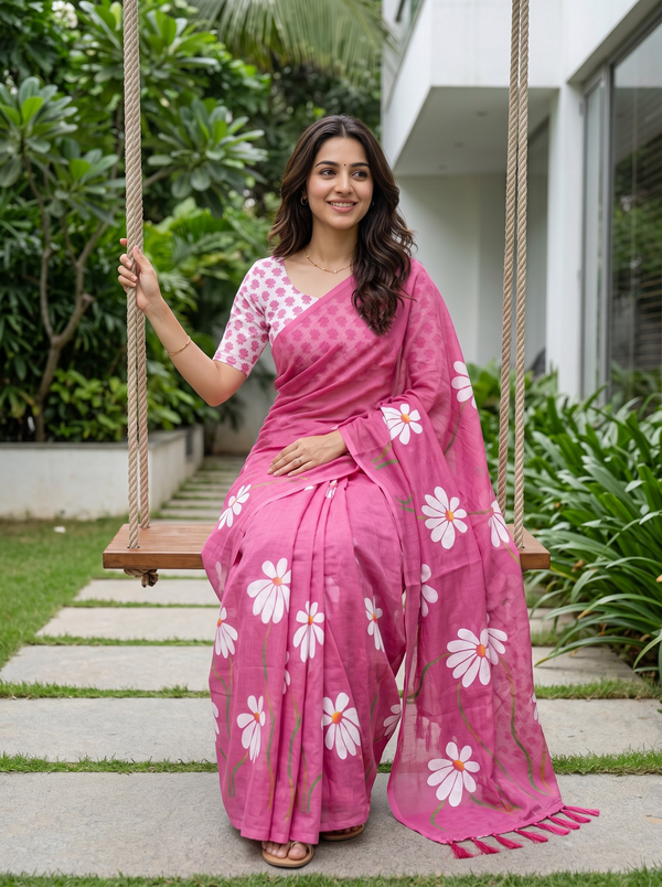 Cotton Magenta Saree with White Daisy Vine Print