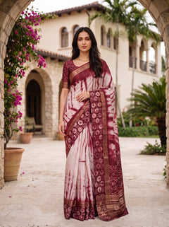 Chanderi Cotton Silk Maroon White Shibori Batik Border Saree with Zari Trim