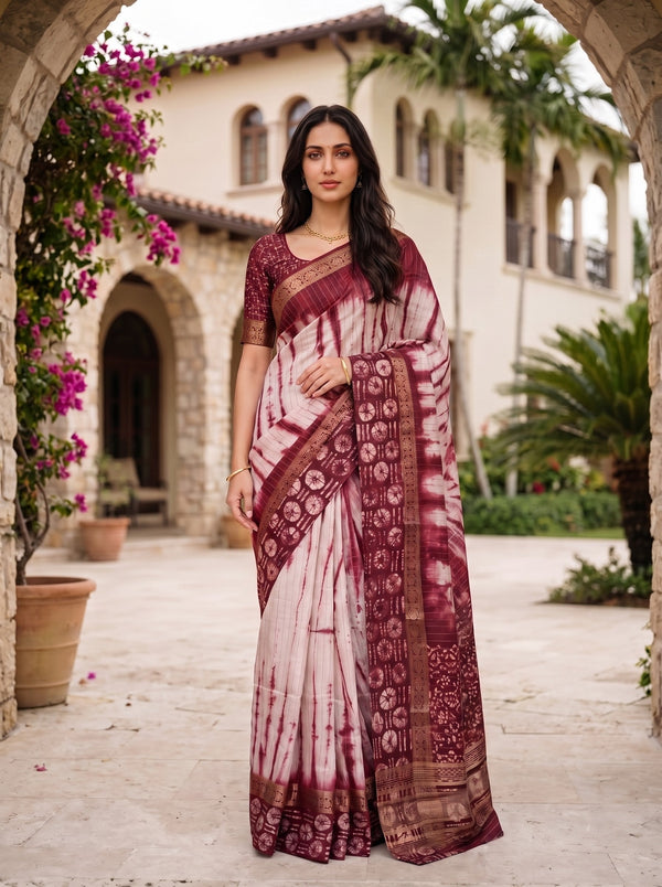 Chanderi Cotton Silk Maroon White Shibori Batik Border Saree with Zari Trim
