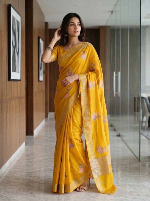 Chanderi Cotton Mustard Saree with Floral Motifs