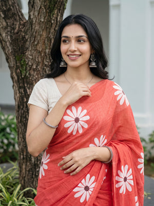 Cotton Red Saree with White Daisy Flower Print