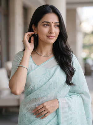 Mul Chanderi Mint Green White Striped Allover Floral Vine Embroidered Cutwork Daisy Saree